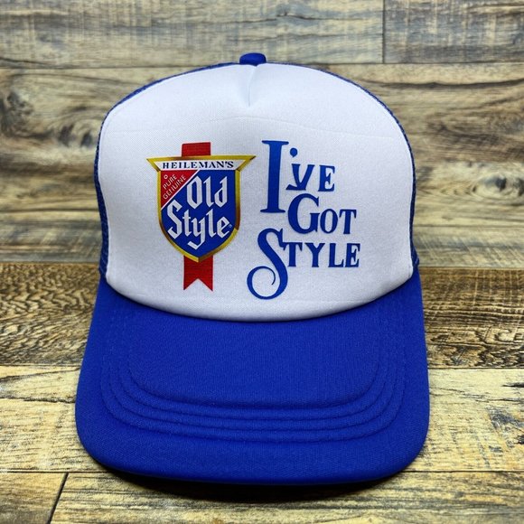 Defunct Old Style Beer Mens Trucker Hat Blue Snapback Lager Retro Logo Ball Cap - Picture 2 of 8